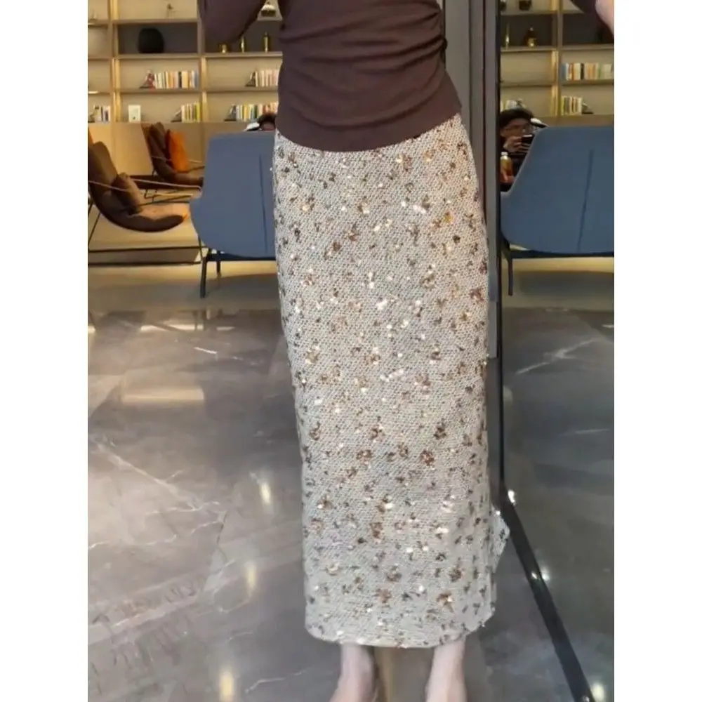 Split Sequin Skirt Temperament Jupe Faldas Largas Faldas Mujer Moda Юбка Korean Fashion Women Clothing Long Skirts
