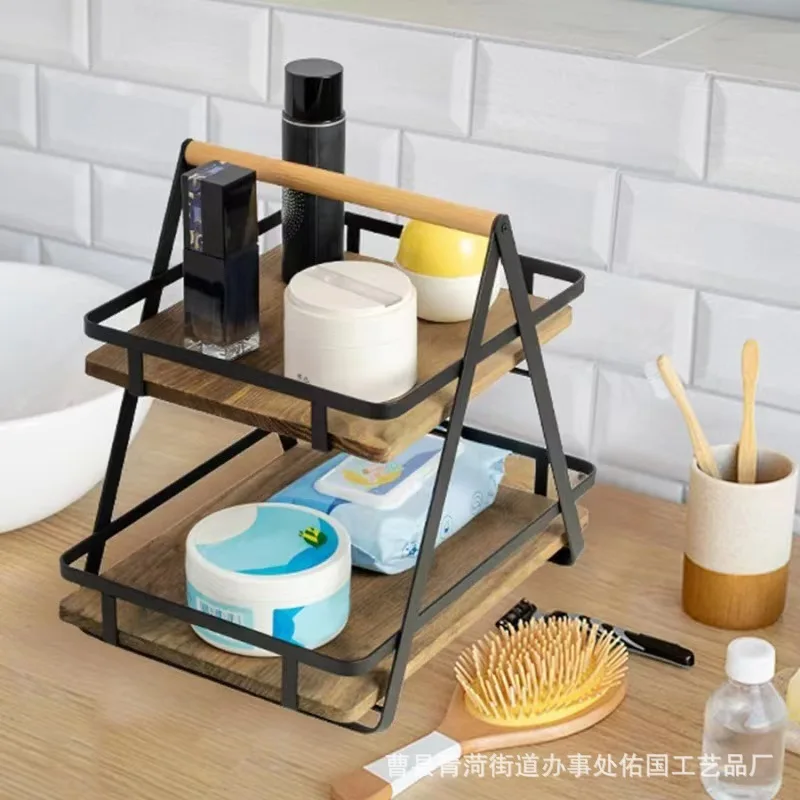 

Iron and wood combined desktop storage rack, double-layer fruit and pastry storage rack, simple kitchen vegetable rack