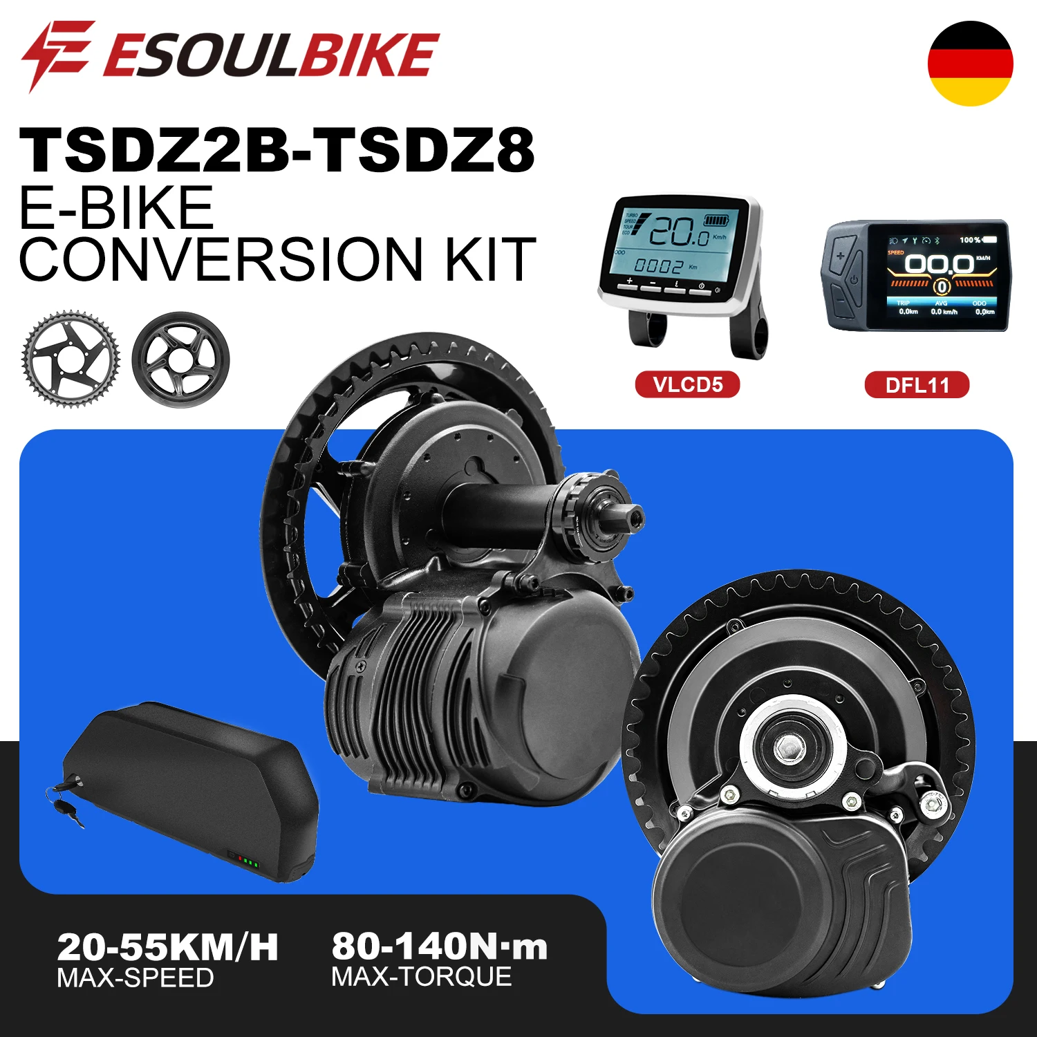 Kit Bici Elettrica con Motore Centrale e Sensore di Coppia Tongsheng TSDZ2B 250W / TSDZ8 750W, Display VLCD5 DFL11, Set Completo con Batteria al Litio
