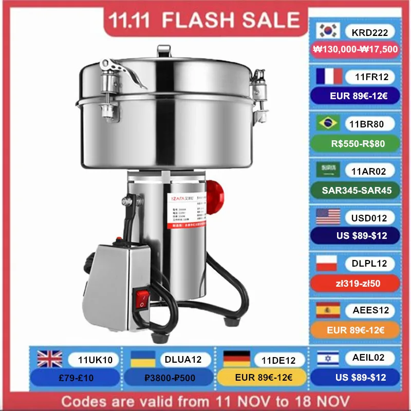 4500G Commercial Grain Grinder High Speed 4500W Cereals Medicinal Materials Spices Powder Crusher Stainless Steel Coffee Grinder