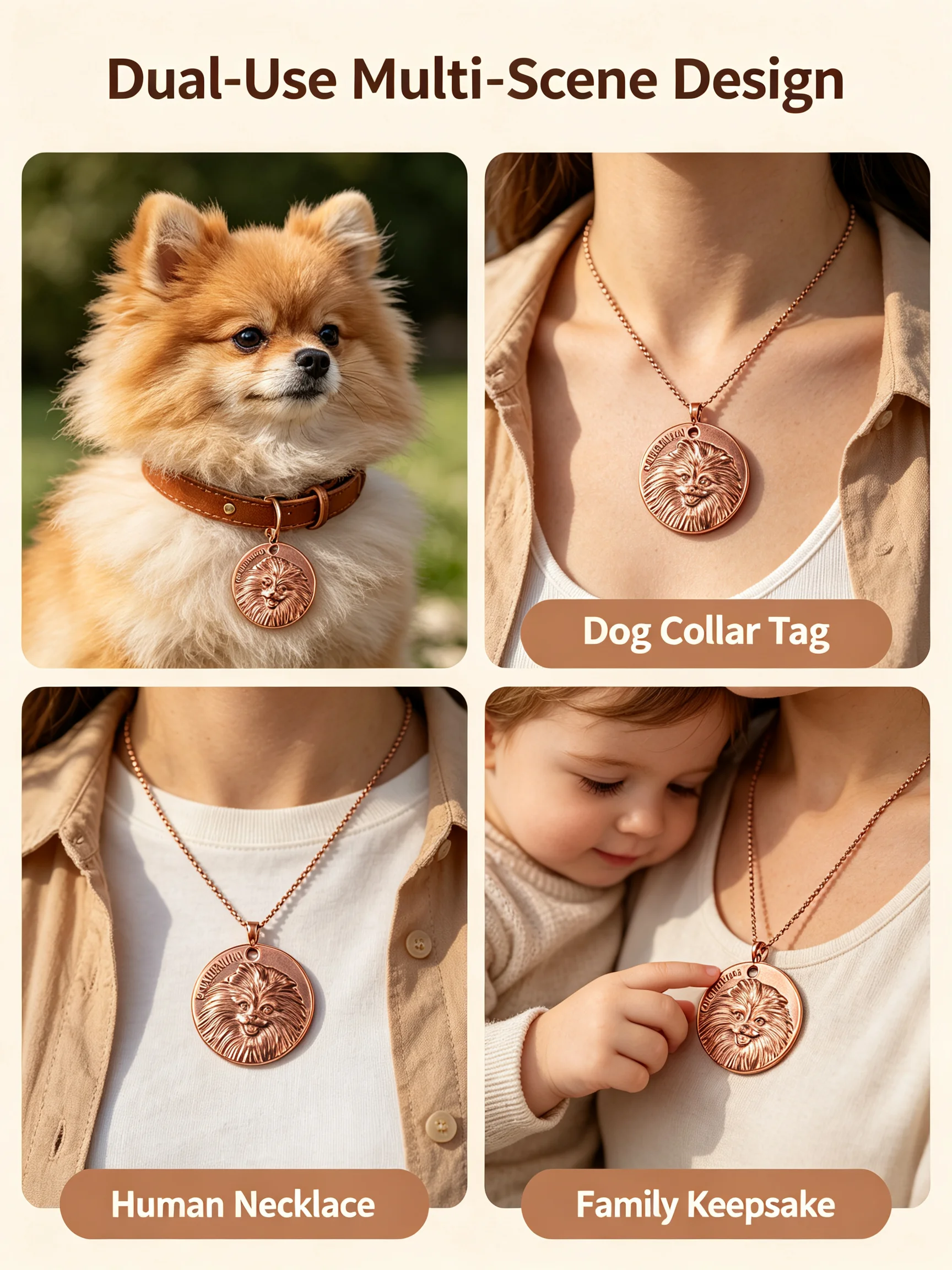 99.9% Pure Red Copper Pomeranian Keepsake Pendant, DualUse for Pet Collar Human Necklace, Pendant Only