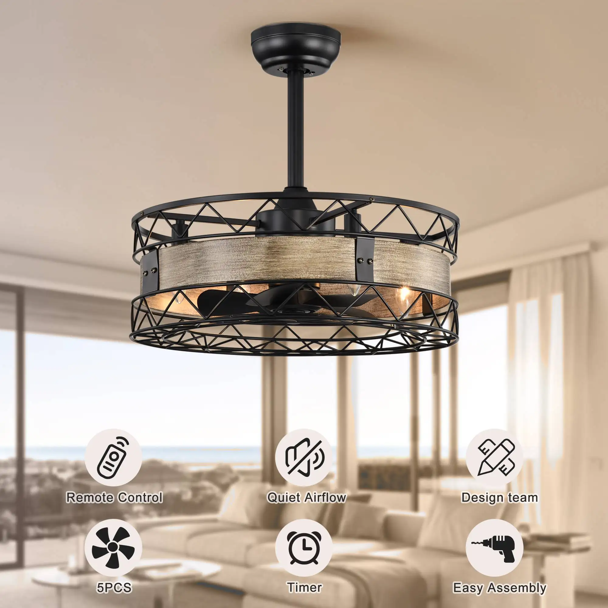 

20.5" Caged Ceiling Fan 5 ABS Blades with Remote Control,Timer 3 Speeds Indoor Ceiling Fan(No include Bulbs)