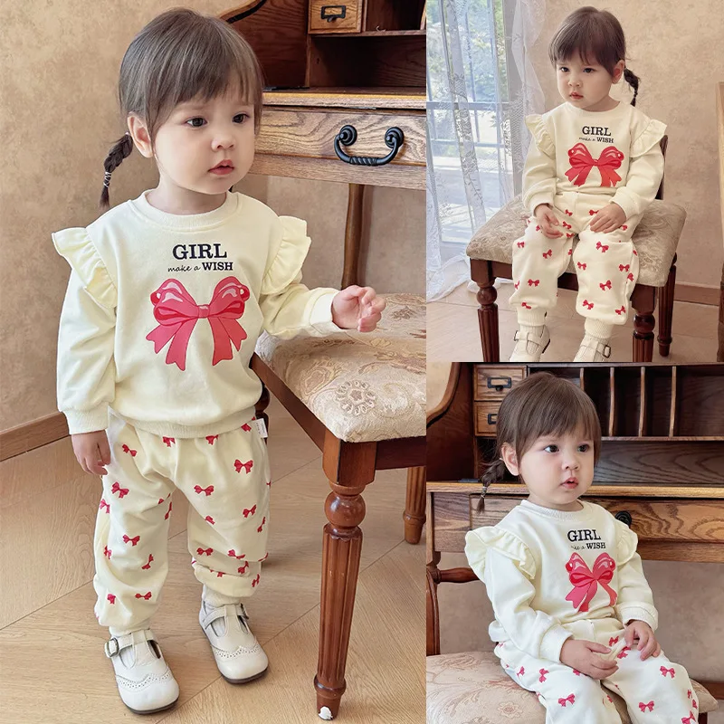 

Girls Outfit 2025 New Butterfly Knot Print Top Long Sleeve +Pant Autumn Wear for Kids Set