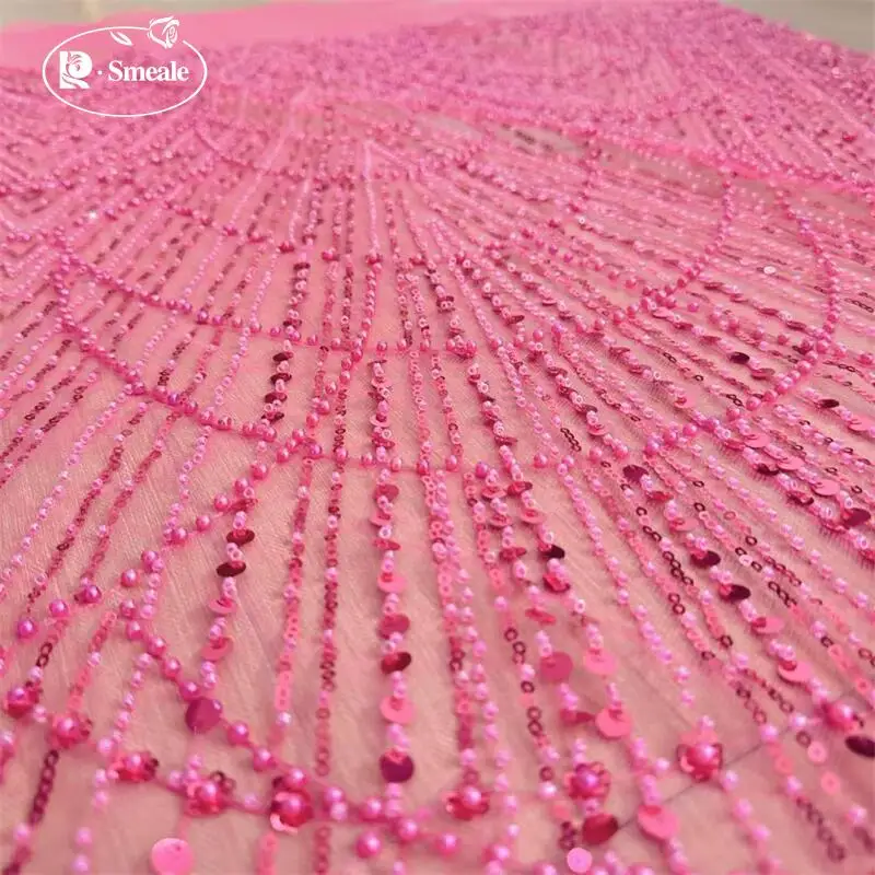 Rose Red Perlen Pailletten Streifen Hochzeitskleid Spitzenstoff, funkelnd und glänzend, DIY Nähen Kleidung Dekoration RS24437 – Detail 2