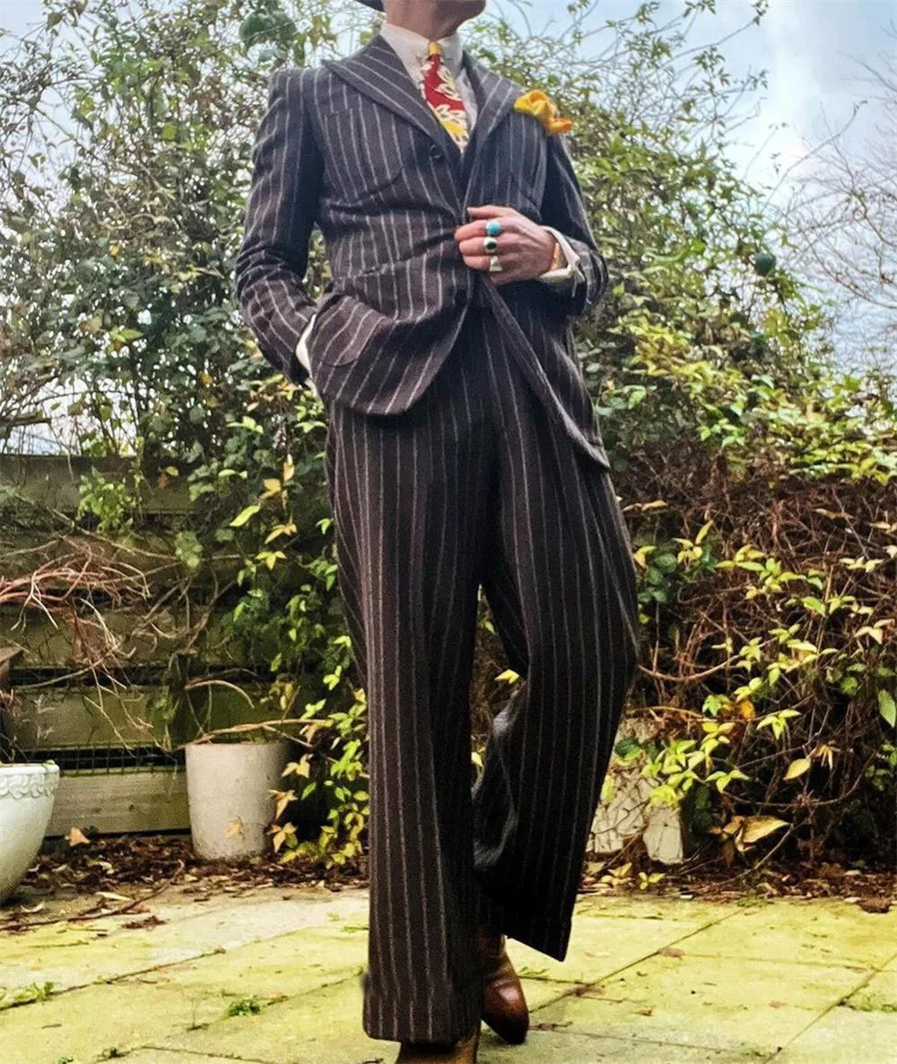 Thick striped suit 3pc set (Suit Jacket+Suit Pants+Vest) Wool Blend men's striped suit set Groom's wedding striped suit Set