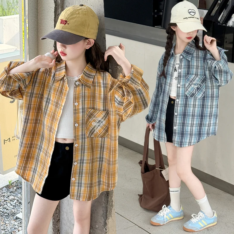 

Korean Style Kids Long Sleeve School Shirts for Girl Casual Long Sleeve Plaid Blouse Kids Teenager Casual Spring Autumn Clothing