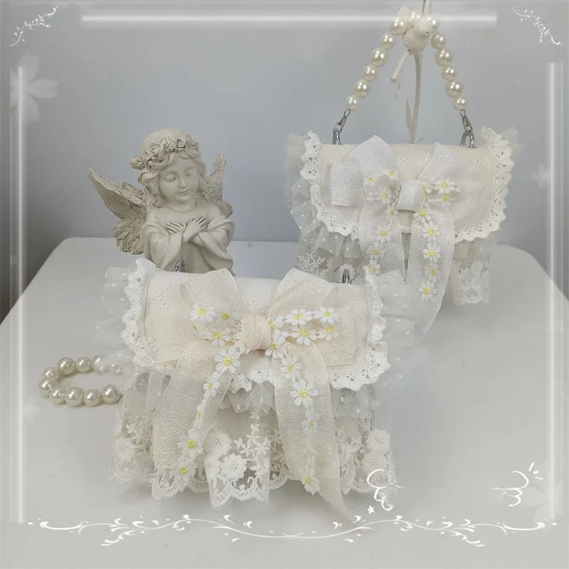 Japanese Pastoral Style Romantic Spring Holiday Lolita Girls Bag Lace Embroidery Daisy Delicate Elegant Bow Date Gentle Handbag