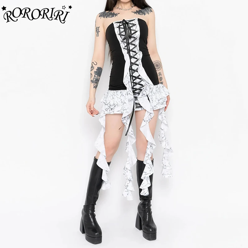

RORORIRI Flowy Ruffle Irregular Mini Dress Women Lace-up Bandage Slim Backless Desire Corset Bodycon One-piece Vintage Clothing