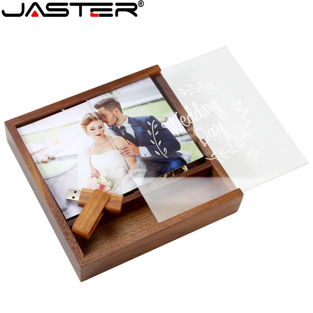 JASTER-USB Flash Drives com Caixa De Madeira, Memory Stick, Pen Drive, Memory Stick, Gravação A Laser, Fotografia, Presente De Casamento, U Disk, 128GB, 32GB, 64GB