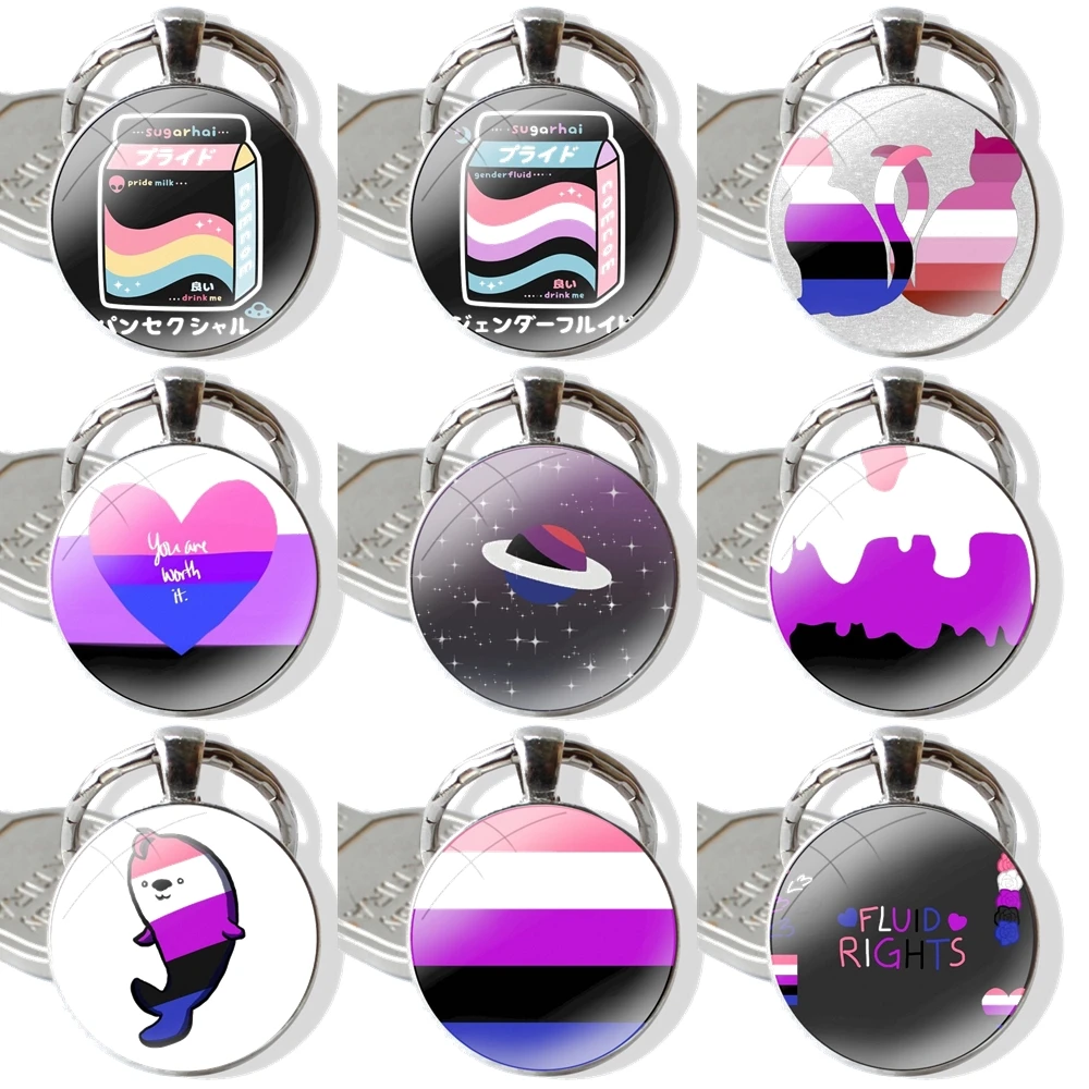 Keychain Handmade Glass Cabochon Key Ring Holder Pendant Key Chains Genderfluid Pride Milk