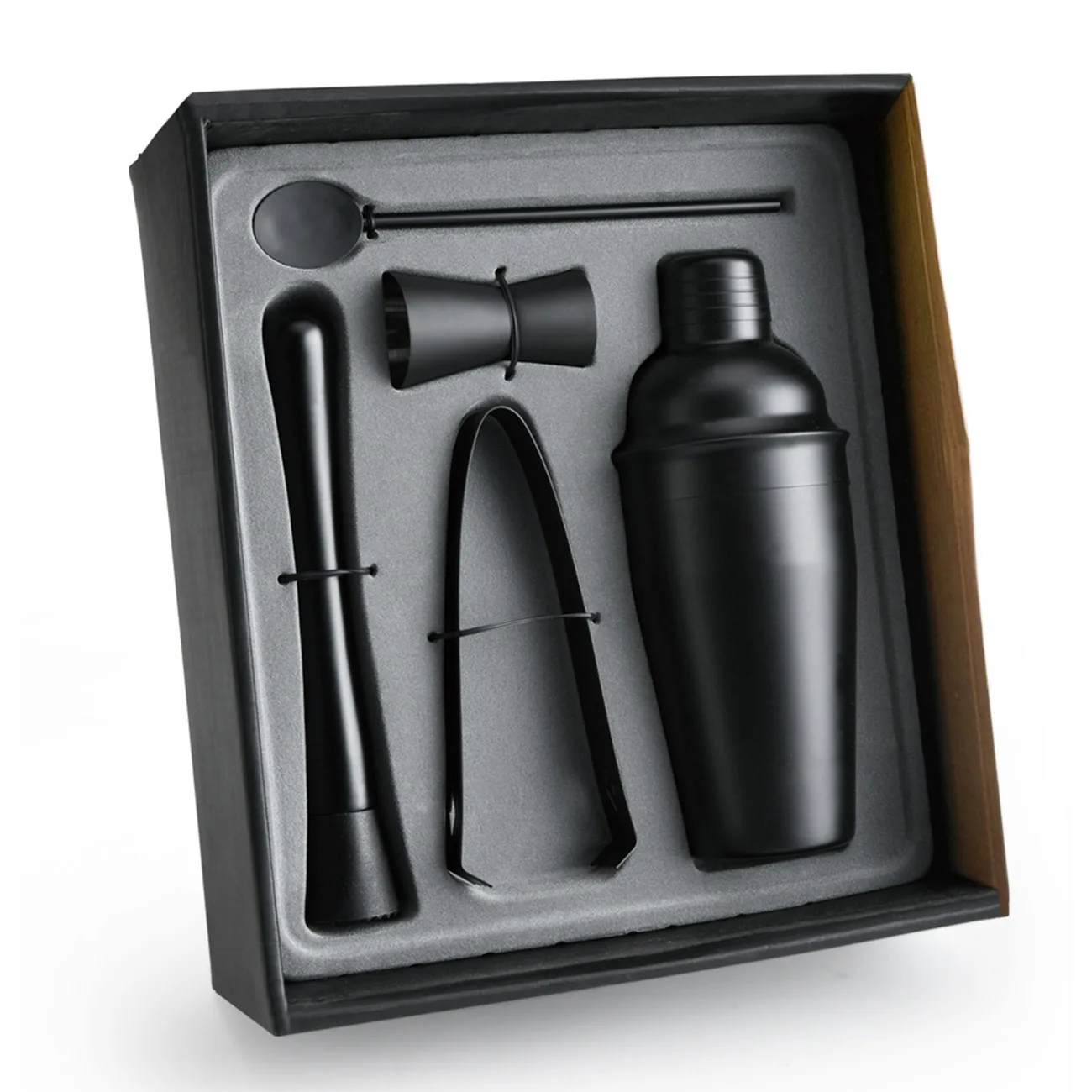 Stainless Steel Shaker Muddle Jigger Ice Tong  5 Pieces Bartender Gift Set with Gift Box for Bar Party