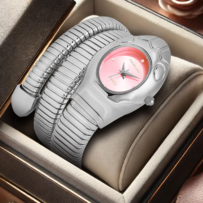 

Женские серебристо-розовые повседневные модные кварцевые часы со змеей и высоким исчезновением.