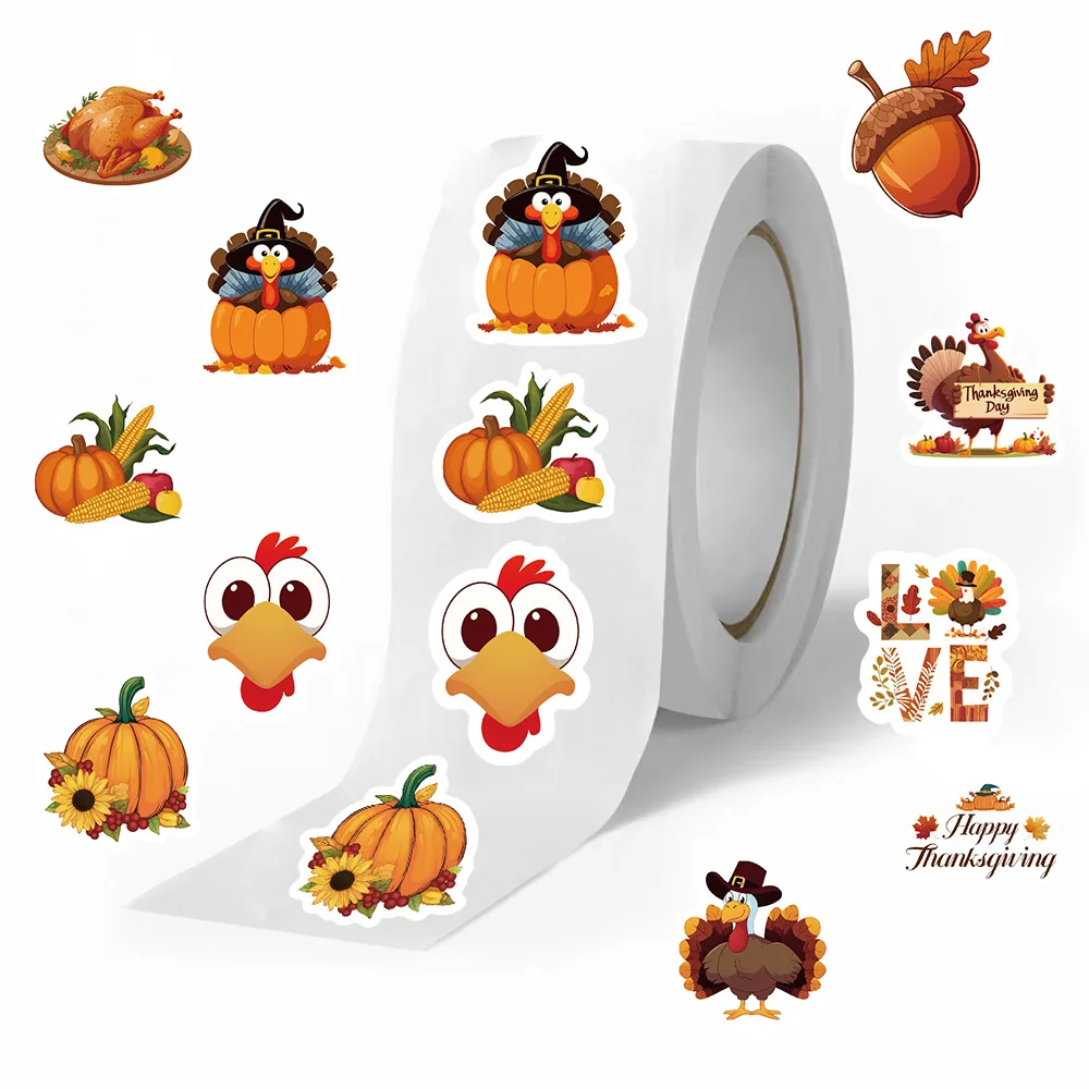 500Pcs Thanksgiving Stickers Roll, 10 Designs Turkey Pumpkin Autumn Decals, Waterproof Fall Harvest Stickers for Gift Wrapping