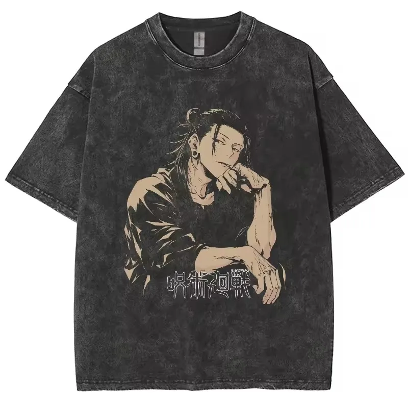 Vintage Washed Jujutsu Kaisen Gojo Satoru Cursed Technique Graphic Tee Unisex Oversized Anime Streetwear Short Sleeve T‑Shirt