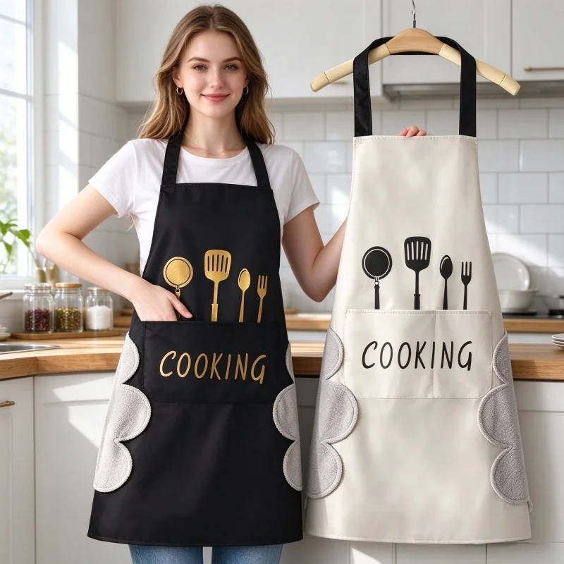 Waterproof Oilproof Kitchen Apron With Hand Wipe Pocket Cooking Baking Household Apron For Men Women