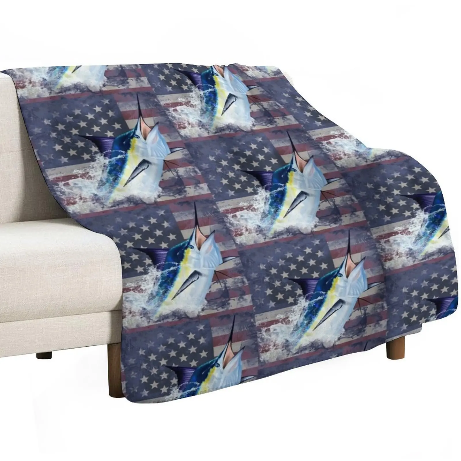 Blue Marlin with US Flag Throw Blanket Luxurious Soft Blanket Holiday Gift for Family