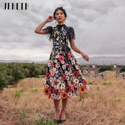 JEHETH Embroidery 3D Flowers Prom Dresses Lace A-Line O-Neck Short Sleeves Tea-Length 2024 Elegant Party Gowns فساتين الحفلات