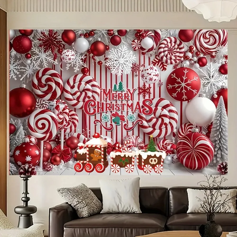 Christmas Sugarcane Candy Bell Shaped Ball Pattern Themed Banner Backdrop, Christmas Party, Home Decoration Photography Backdrop