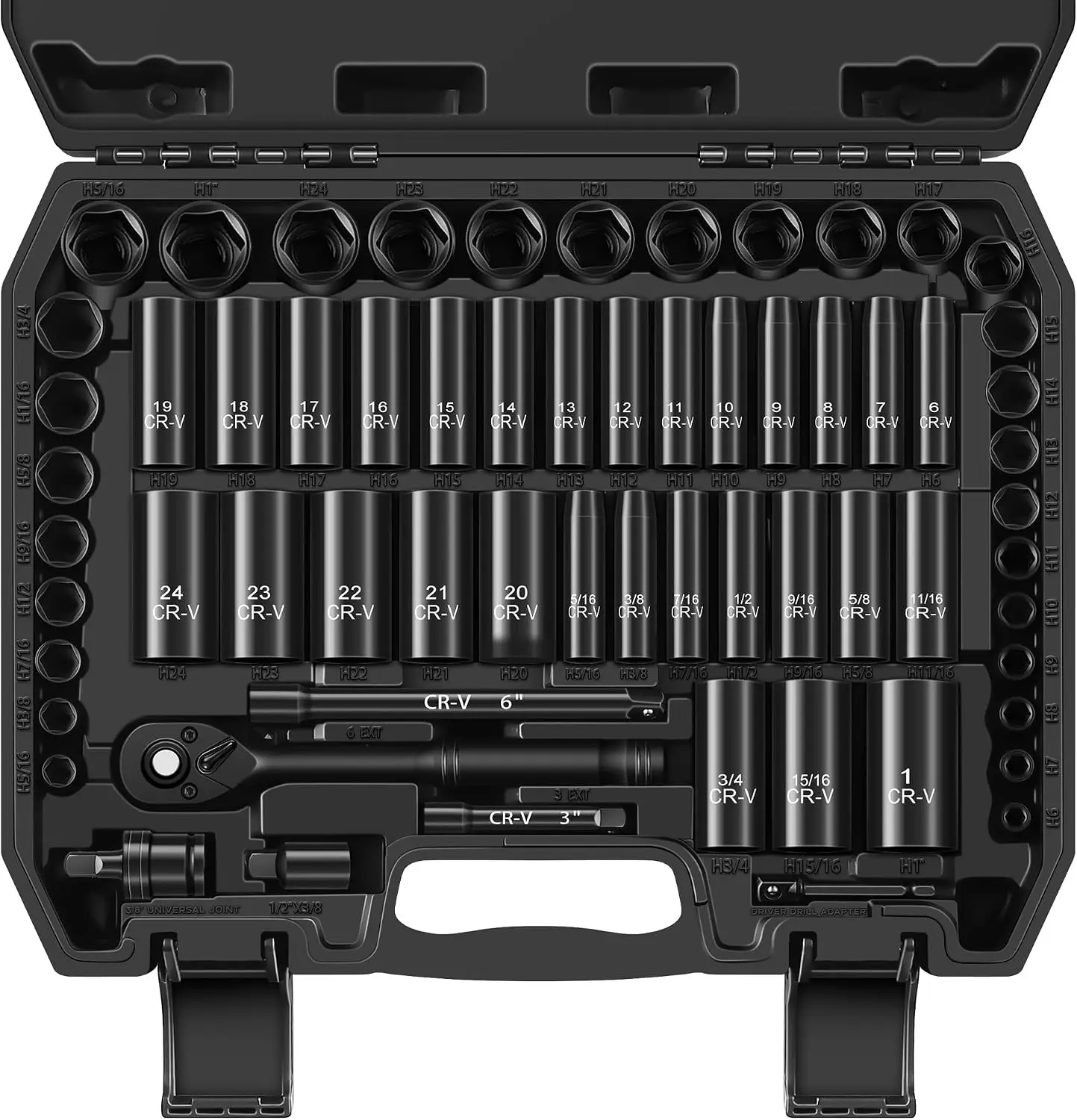64 Piece 3 8 Inch Drive Socket Set SAE 5 16 1 Inch Metric 6mm 24mm Deep Shallow 72 Tooth Ratchet Wrench Extension Bars 1 2 F To
