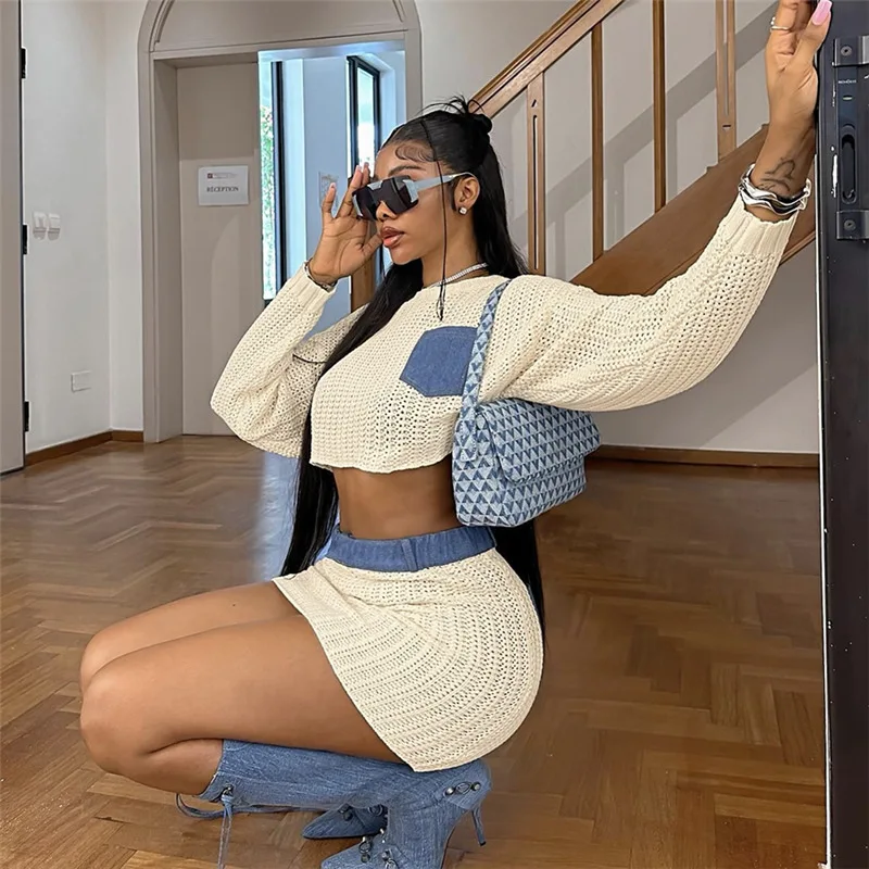 Autumn Women's Suit Fashion Denim Collage Long Sleeve Sweater Short Top And Slim Knit Skirt Sets Lady's Two-Piece Set