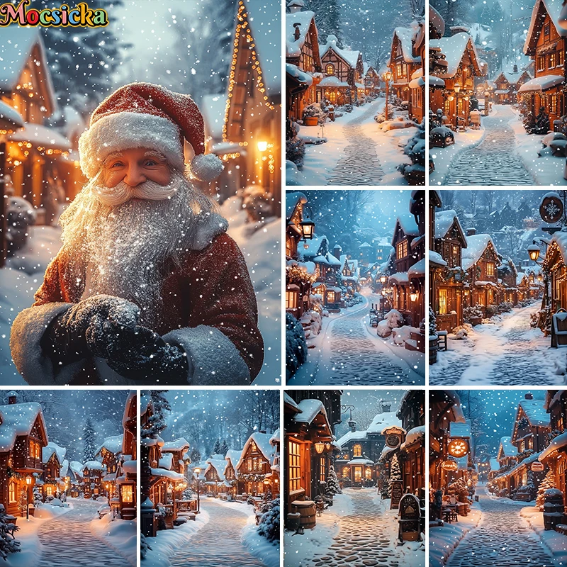 Mocsicka Winter Christmas Town Photography Backdrops Holiday Party Kids Adult Portrait Photo Background Night Lights Decor Props