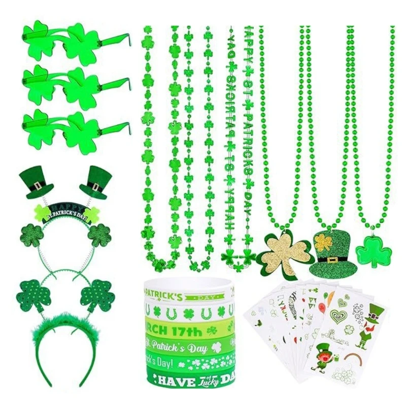 Zestaw akcesoriów do przebierania się na dzień Świętego Patryka Party Favor Shamrock okulary naszyjnik Shamrock naklejki DXAA