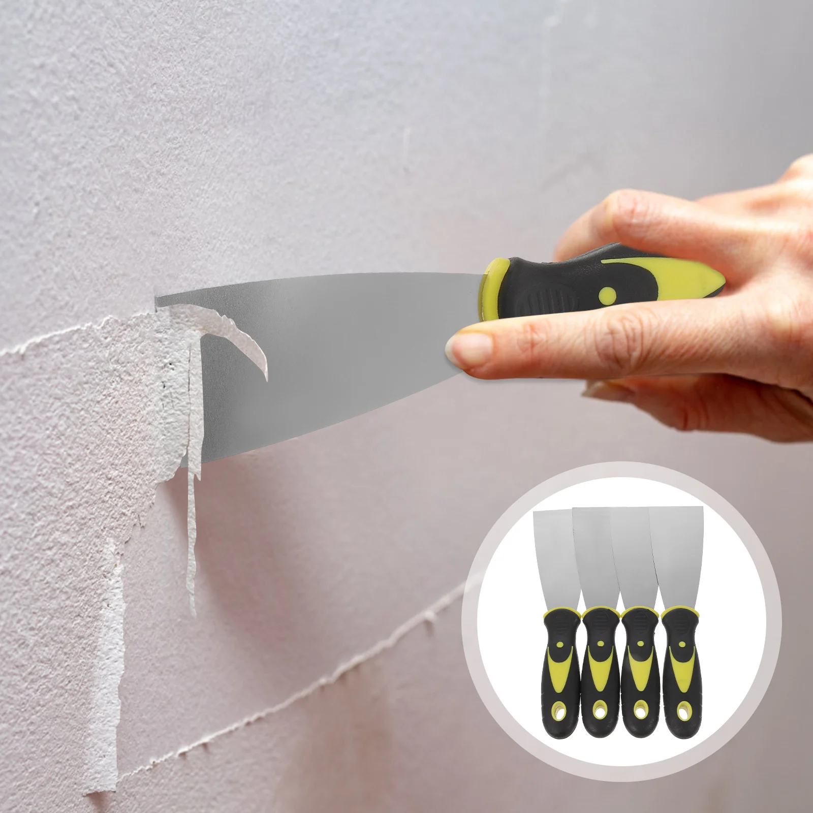 مجموعة ملعقة من الفولاذ المقاوم للصدأ بمقبض مزدوج اللون مكونة من 4 قطع لإزالة شارات ورق الحائط وإصلاح الرقعة ومكشطة معدنية #6