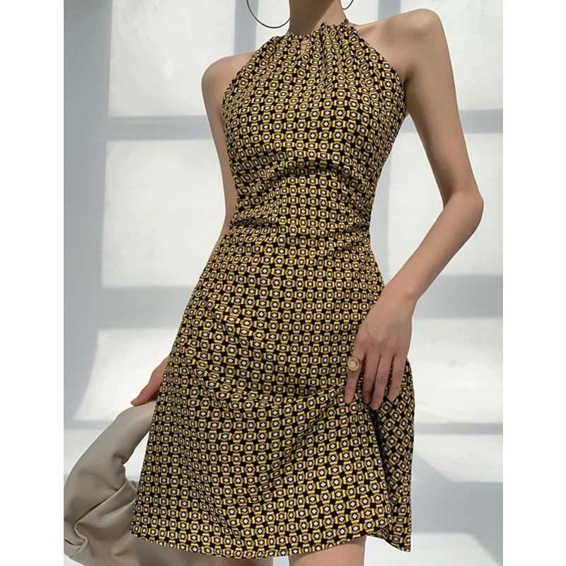 Robe moulante de vacances, imprimé géométrique, col licou, dos nu, ligne a, Slim, haut de gamme, courte, Simple, vêtements d'été pour femmes