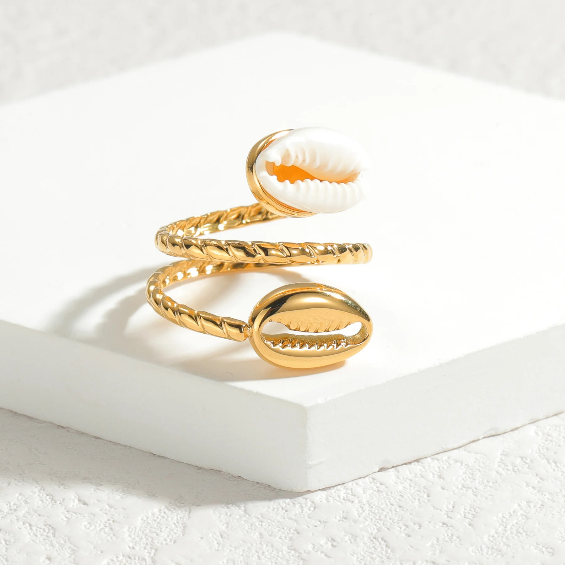 2024 New Fashion Asymmetrical Shell Ocean Style Open Wrap Ring For Women Gold Color Stainless Steel Jewelry Gifts Waterproof
