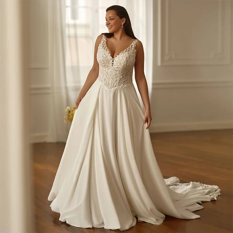 

Simplicity Plus-Size Wedding Dress Soft Satin With Lace A-Line Ball Gown Sleeveless V-Neck Customized Bride Dress Robe De Mariee