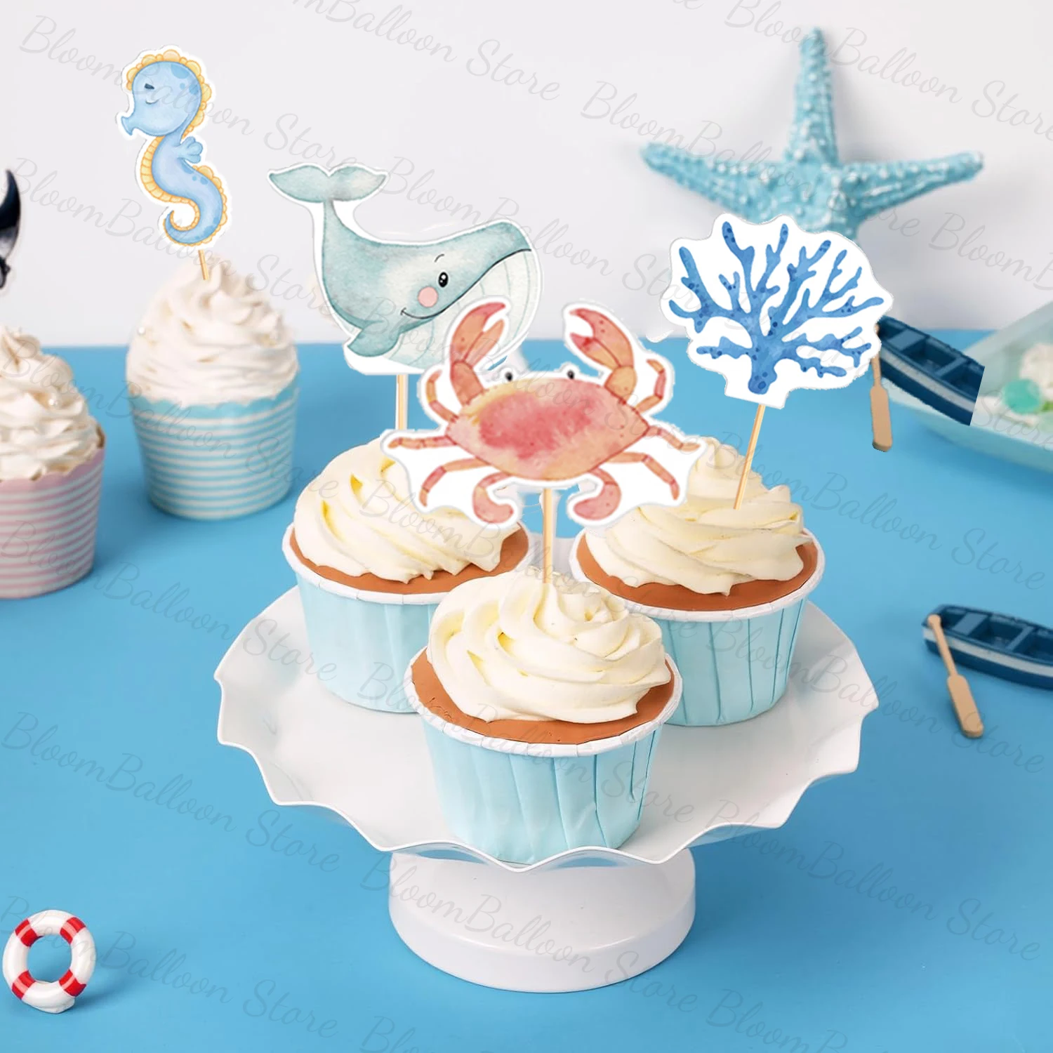 17pcs Ocean Animals Cupcake Toppers Whale Octopus Cake Topper for Birthday Baby Shower Under the Sea Theme Party Decoration