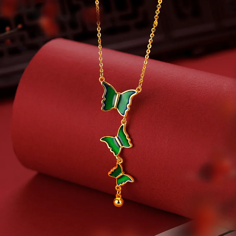 

Fashionable 9999 24K Real Gold Green Butterfly Collarbone Necklace Light Luxury Niche Design Enamel Dancing Tassel Chain