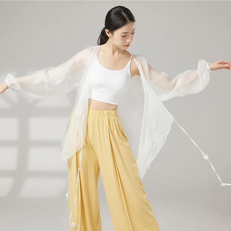 Modern Dance Top Damen Smock Langarm V-Ausschnitt Gaze Shirt Folk Performance Sheer Floating Bands Tied Lyrica Trainingskleidung