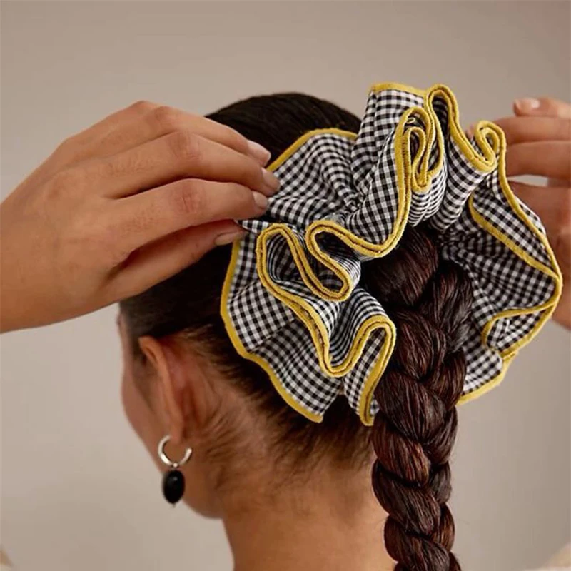 Ballet-style Plaid Ruffles Multi-layer Scrunchies Headwear for Women Retro Korean Oversized Pleated Hair  Accessories