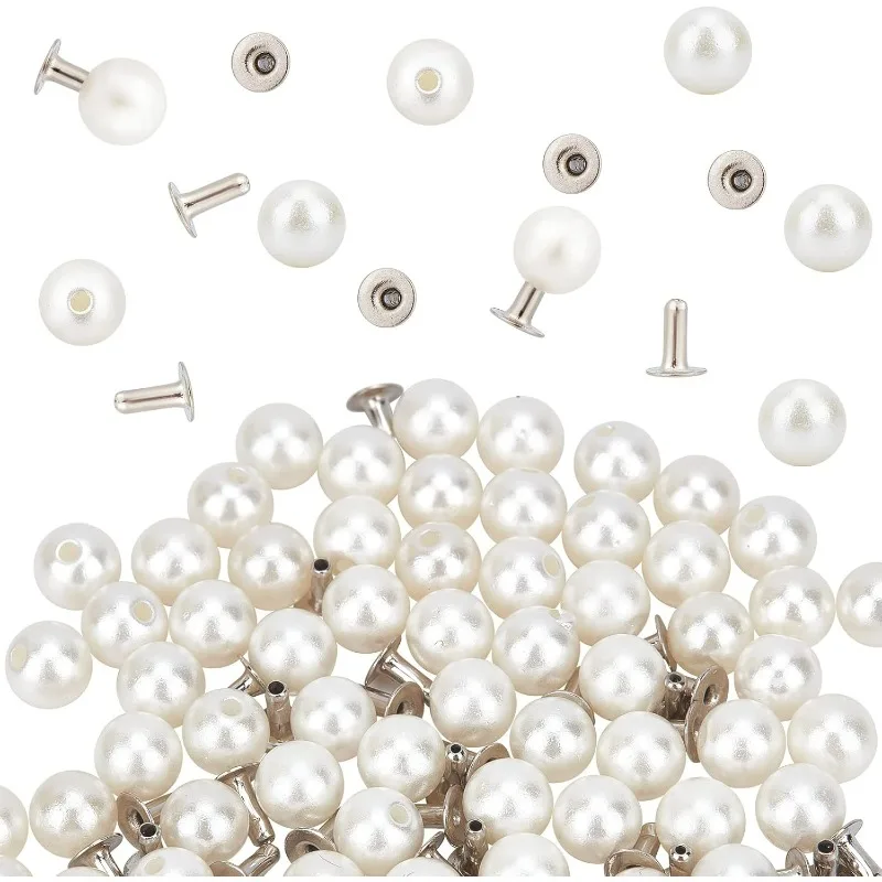 100 Set 6mm Pearl Rivets Studs White Round Plastic Pearl Buttons Studs with Pins Kit for Clothing Hat Bags Shoe Embellishments