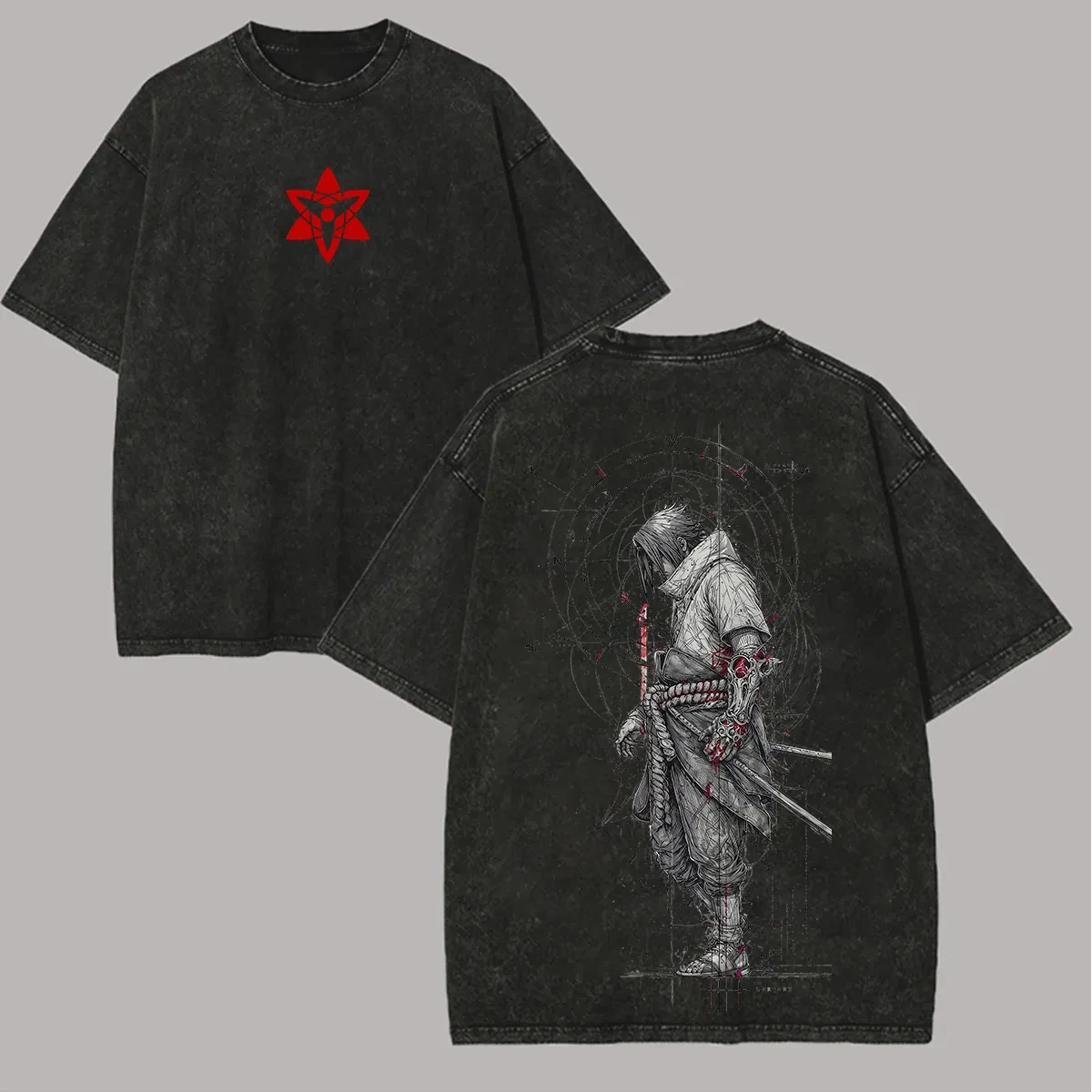 Camiseta Sasuke Uchiha Mangekyou Sharingan Vintage con Lavado Ácido, Estilo Urbano, Oversize, Naruto Retro, Gráfico de Anime, para Hombre, de Algodón