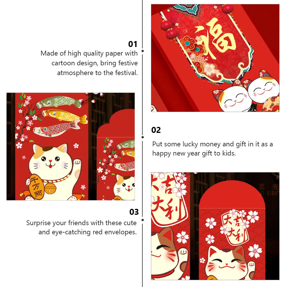 20 Pcs Lai See Red Envelope Bag Cat Envelopes Packet Gift Money for 2021 Children's New Year's Supply Packets Lucky