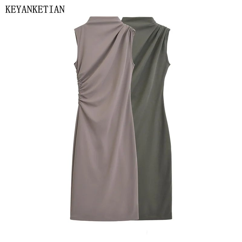 

KEYANKETIAN New Launch Women's Mock Neck Pleats Decoration Slim Sleeveless Dress Fashion Simply Solid Zipper Ankle MIDI Skirt