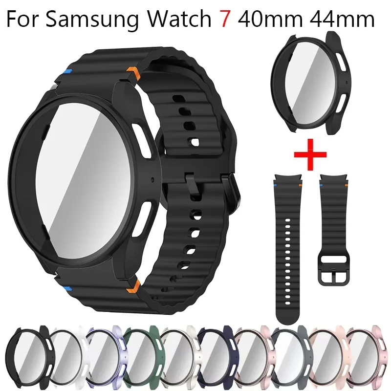 Silikonarmband für Samsung Watch 7 6 5 4 FE 40 mm 44 mm Band mit Hülle Displayschutzfolie Stoßstangenabdeckung für Handgelenkzubehör