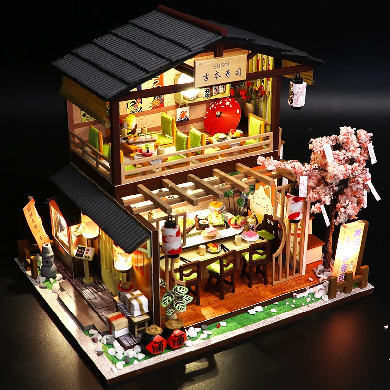 DIY Houten Miniatuur Model Kit Japanse Sushi Winkel Casa Poppenhuizen 3D Puzzel Poppenhuis Met Meubelverlichting voor Vrienden Geschenken