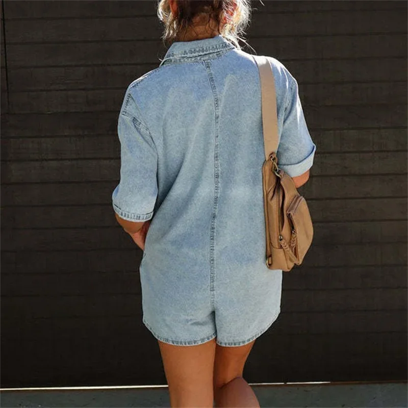 Women Bust Splice Pocket Jumpsuit Summer Lapel Neck Single-breasted Half-open Thin Denim Rompers Shorts Female Casual Streetwear