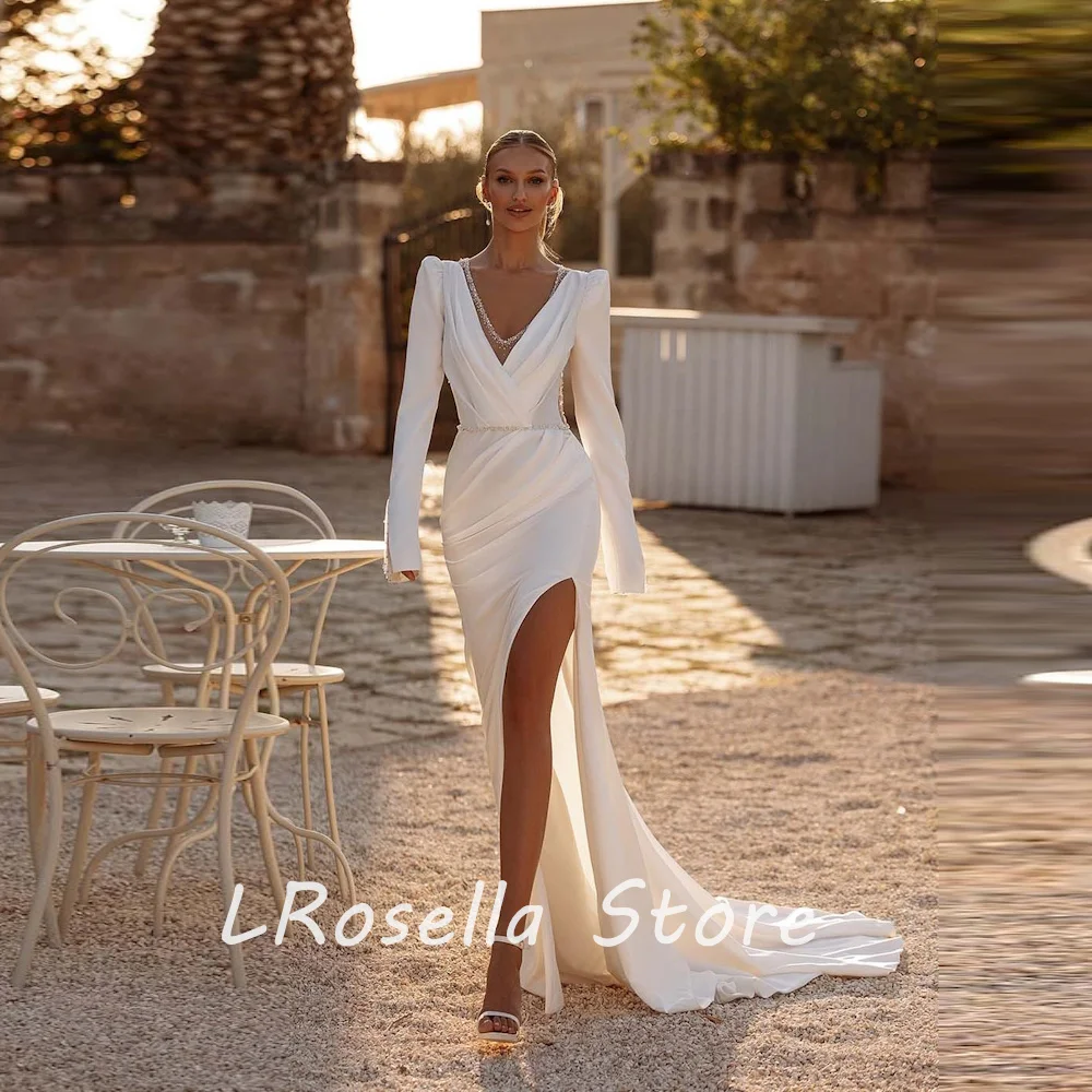 

LRosella Wedding Dress V-Neck Ruched Straight Long Sleeve Beading Elegant Exquisite style Luxury فساتي2024 with Sweep Train