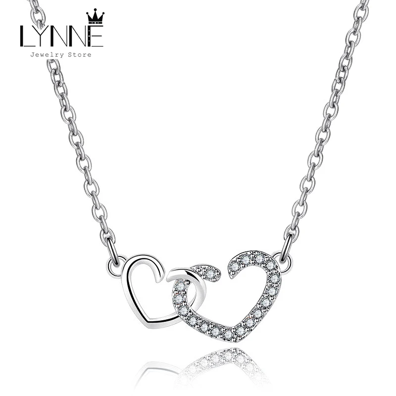 

New Fashion 925 Sterling Silver Double Heart Zircon Pendant Necklaces Women Jewelry Elegant Rose Gold Rhinestone Clavicle Chain