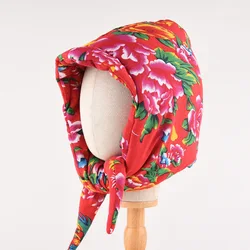 Northeast Big Flower Cloth Headgear Women's Winter Cotton Headscarf Hat Ethnic Style Village Girl Warm Ear Protection Bomber Hat