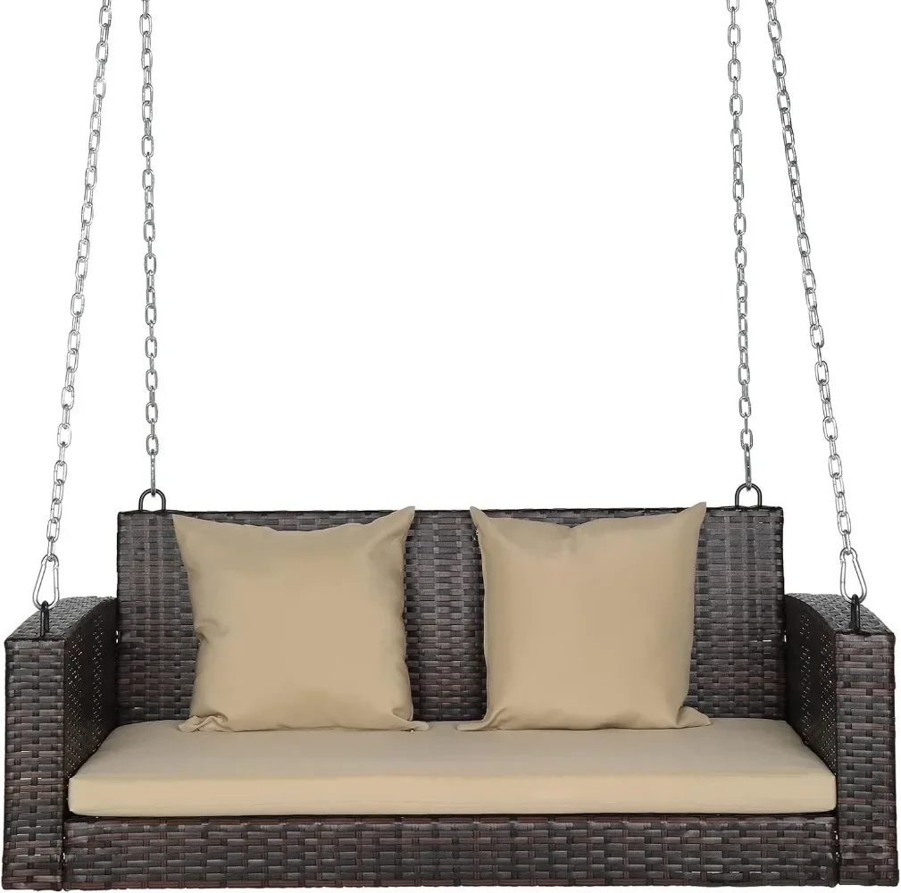 

Porch Swing 2 Person Hanging Bench, Wicker Outdoor Swing Bench with Cushion and Pillow for Patio, Garden Hold Up to 800 lbs