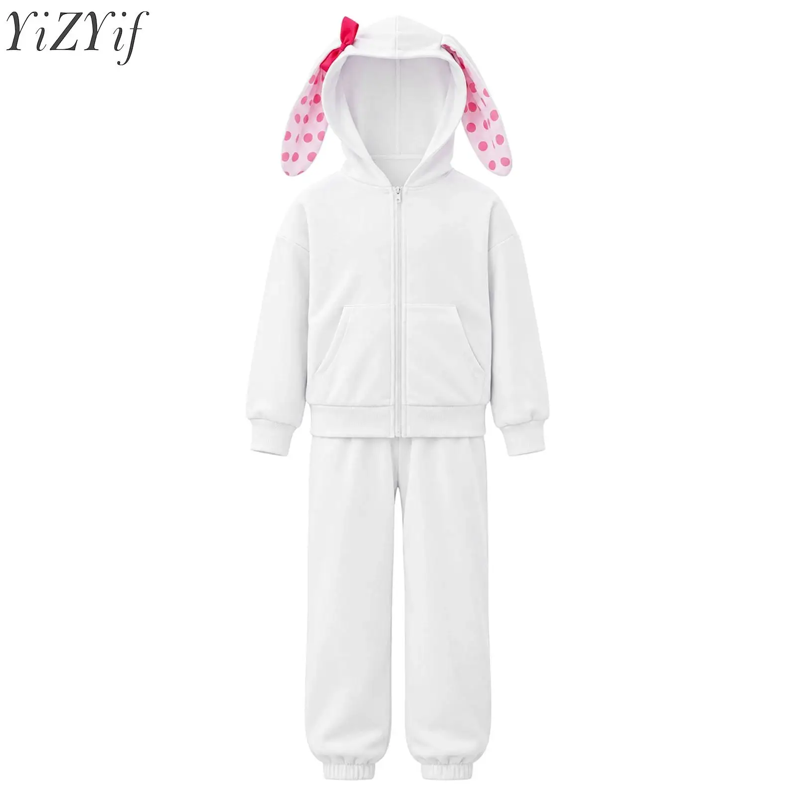 Kids Girls Animal Costume Sports Outfits Long Sleeve Dots Rabbit Ears Hooded Jacket with Pants for Family Gathering Photo Shoot