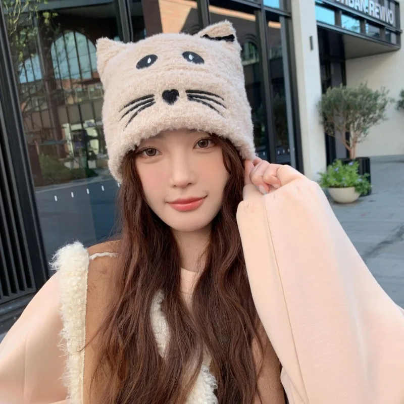 Autumn and Winter Versatile Velvet Thickened Warm Ear Protector Cute Knitted Wool Hat Female Korean Trendy Kitten Pullover Hat