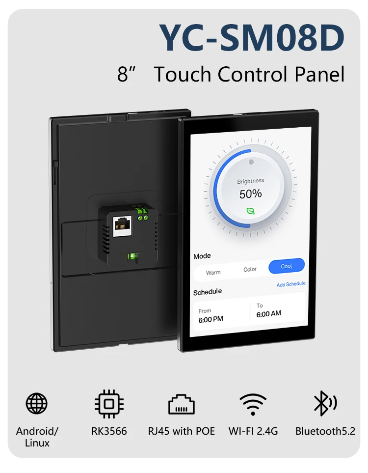 YC-SM08D 8-Inch Smart Home Control Panel Wall Touch Controller Built-in AC Power RS485 RJ45 PoE for Home Automation System