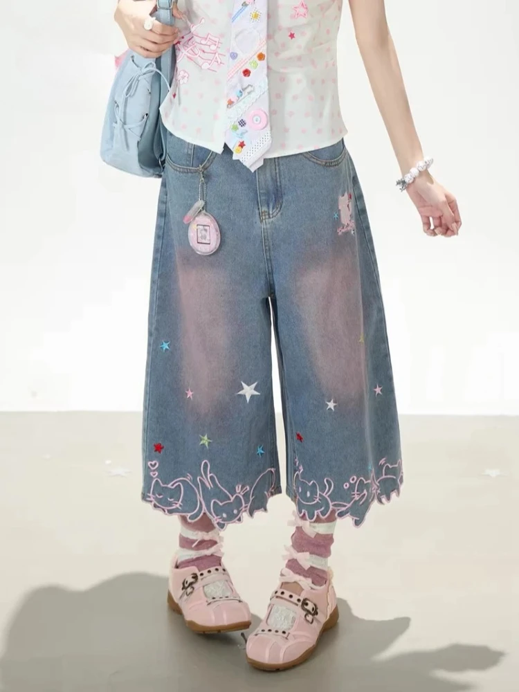 Y2K Kawaii American Vintage High Waist Star And Cat Embroidered Wide Leg Cropped Jeans Women Loose Fit Washed Denim Casual Outfi