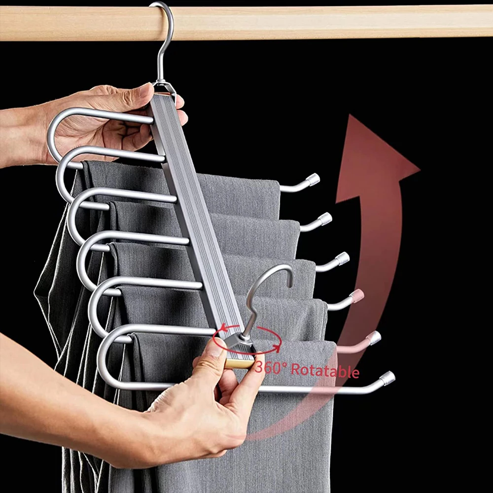 Aluminium Alloy Pants Hanger 6 In 1 Magic Trouser Hangers Folding 360 Rotatable Closet Organizer Pants Hanger Space Saving